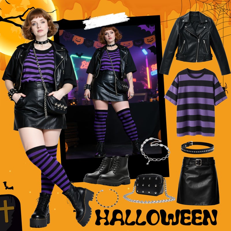 Zando Womens Plus Size Thigh High Socks Over the Knee Stockings Leg Warmers Striped Long Tube Tights Cosplay Stockings 1 Pack Black White US Size 8-12 - Image 5